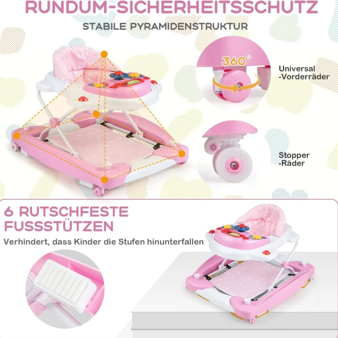 6 in 1 Lauflernhilfe Lauflernwagen mit abnehmbarem Spielboard & Fußpolste Blau/Grau/Rosa