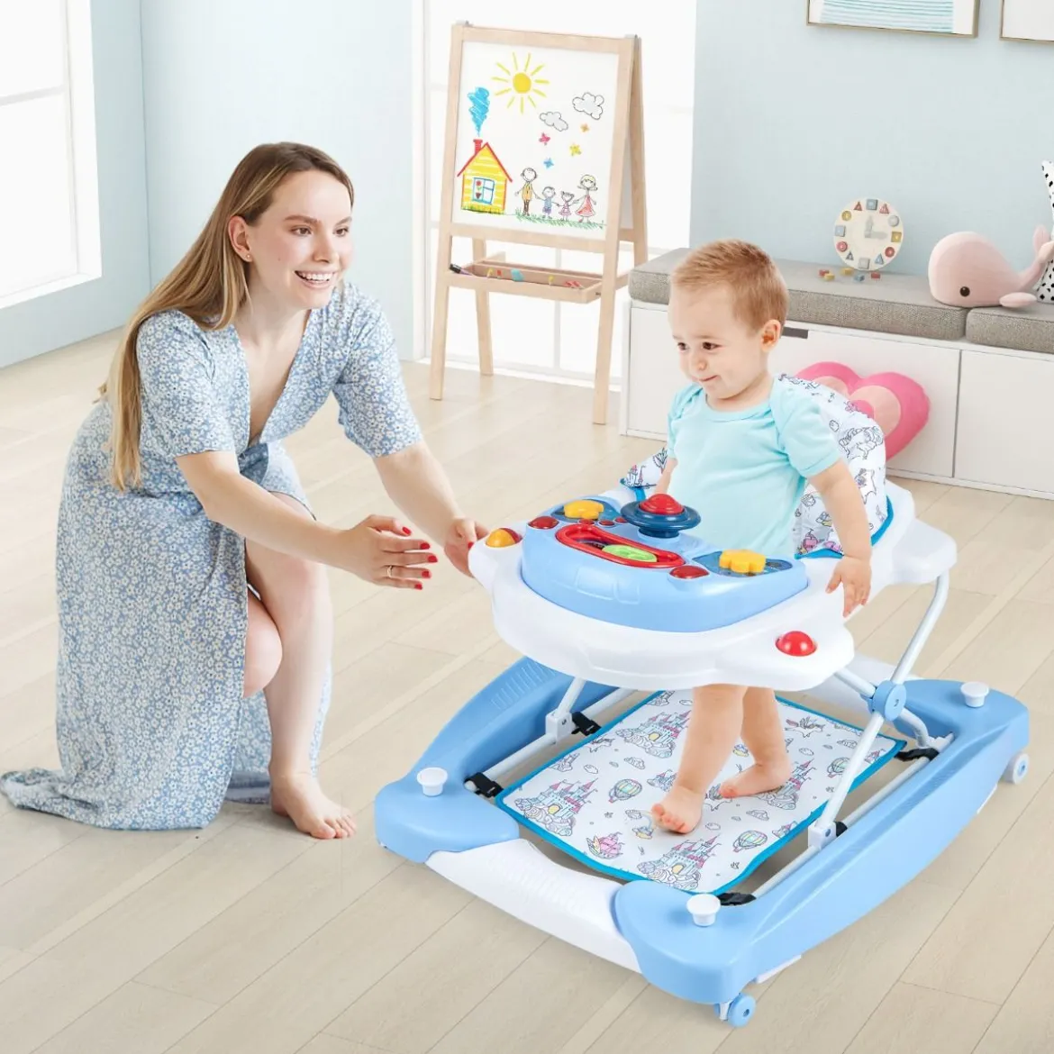 6 in 1 Lauflernhilfe Lauflernwagen mit abnehmbarem Spielboard & Fußpolste Blau/Grau/Rosa