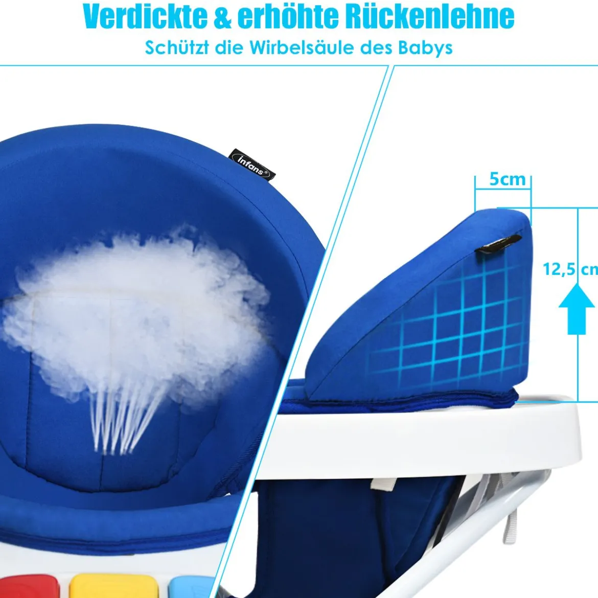 2-in-1 Lauflernhilfe mit 3 Einstellbaren Höhen & 360° drehbaren Rädern Weiß + Blau