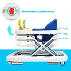 2-in-1 Lauflernhilfe mit 3 Einstellbaren Höhen & 360° drehbaren Rädern Weiß + Blau