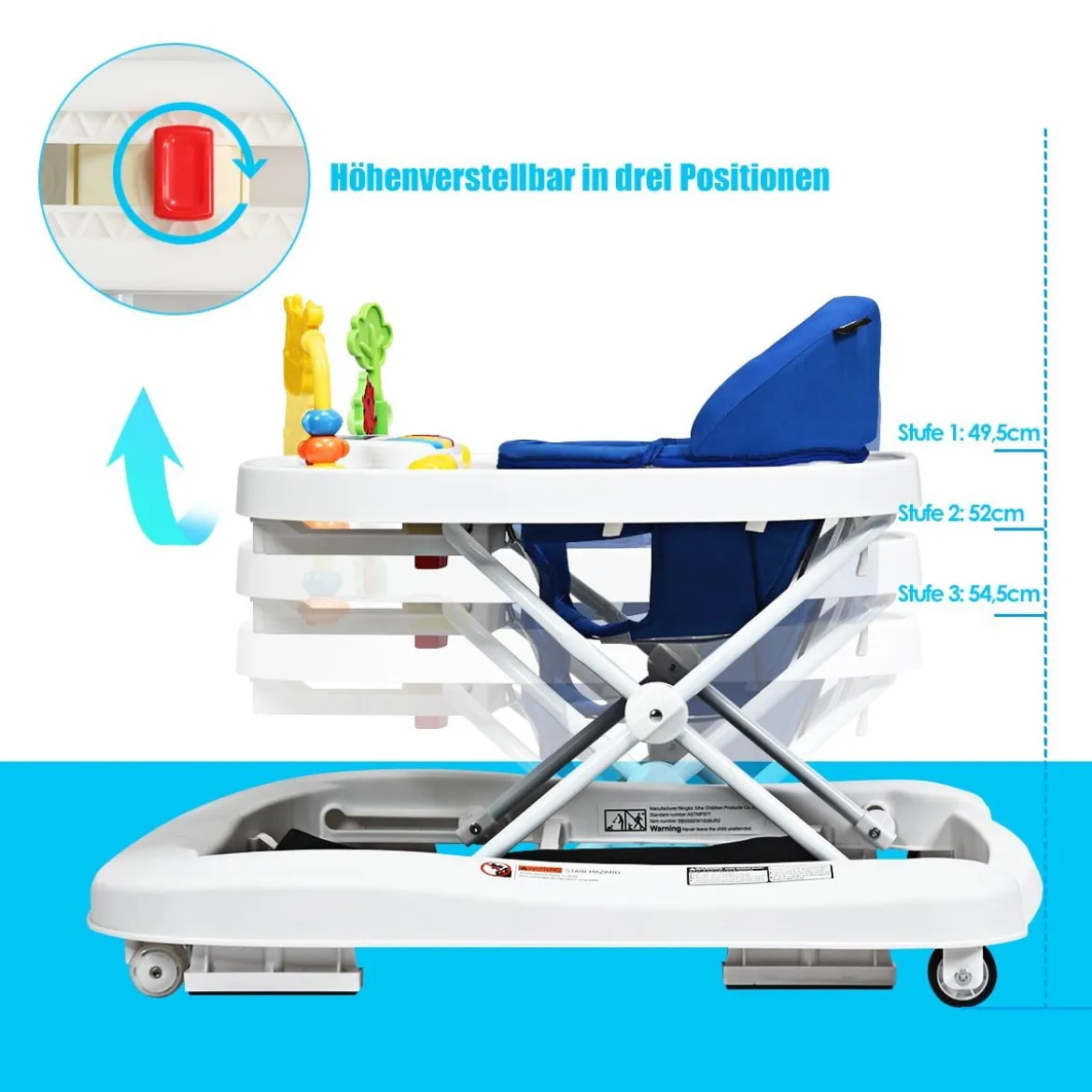 2-in-1 Lauflernhilfe mit 3 Einstellbaren Höhen & 360° drehbaren Rädern Weiß + Blau