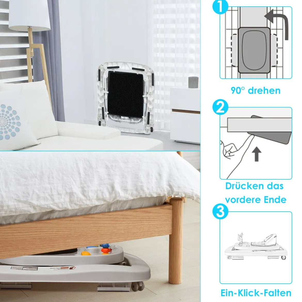 2-in-1 Lauflernhilfe mit 3 Einstellbaren Höhen & 360° drehbaren Rädern Weiß + Grau