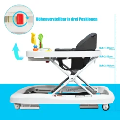 2-in-1 Lauflernhilfe mit 3 Einstellbaren Höhen & 360° drehbaren Rädern Weiß + Grau