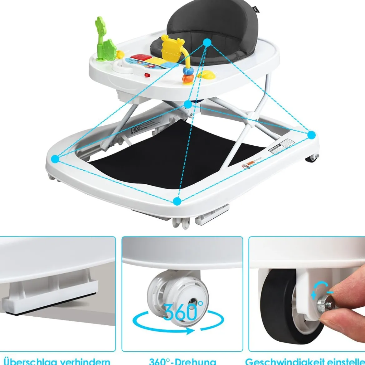 2-in-1 Lauflernhilfe mit 3 Einstellbaren Höhen & 360° drehbaren Rädern Weiß + Grau