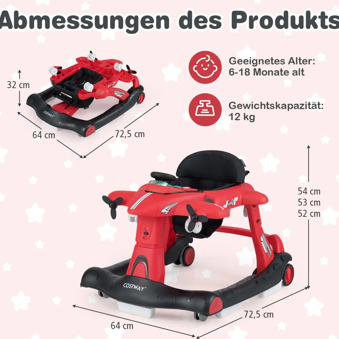 6 in 1 Lauflernhilfe mit Verstellbarer Höhe & Geschwindigkeit Klappbarer Lauflernwagen