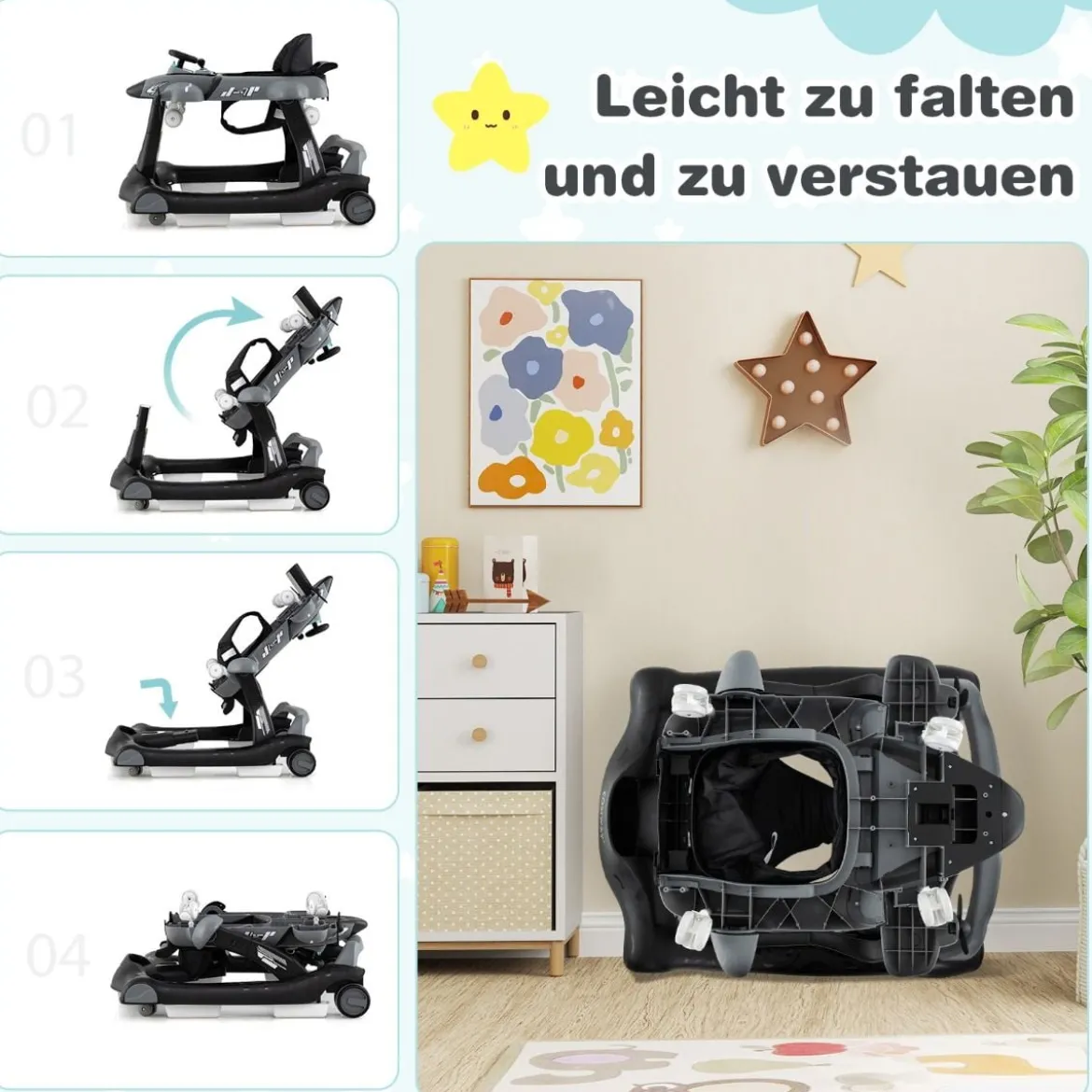 6 in 1 Lauflernhilfe mit Verstellbarer Höhe & Geschwindigkeit Klappbarer Lauflernwagen