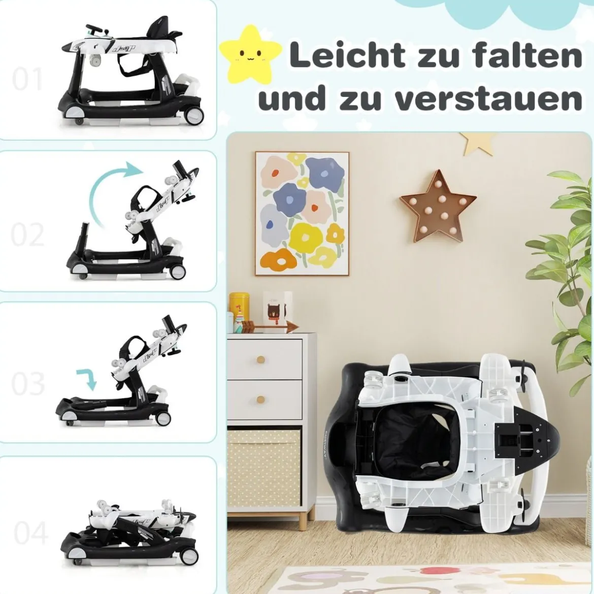 6 in 1 Lauflernhilfe mit Verstellbarer Höhe & Geschwindigkeit Klappbarer Lauflernwagen
