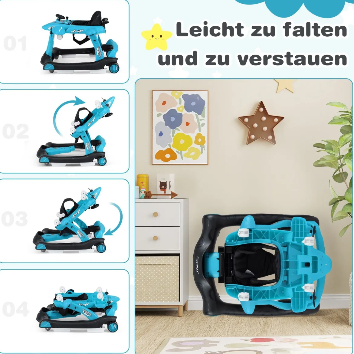 6 in 1 Lauflernhilfe mit Verstellbarer Höhe & Geschwindigkeit Klappbarer Lauflernwagen