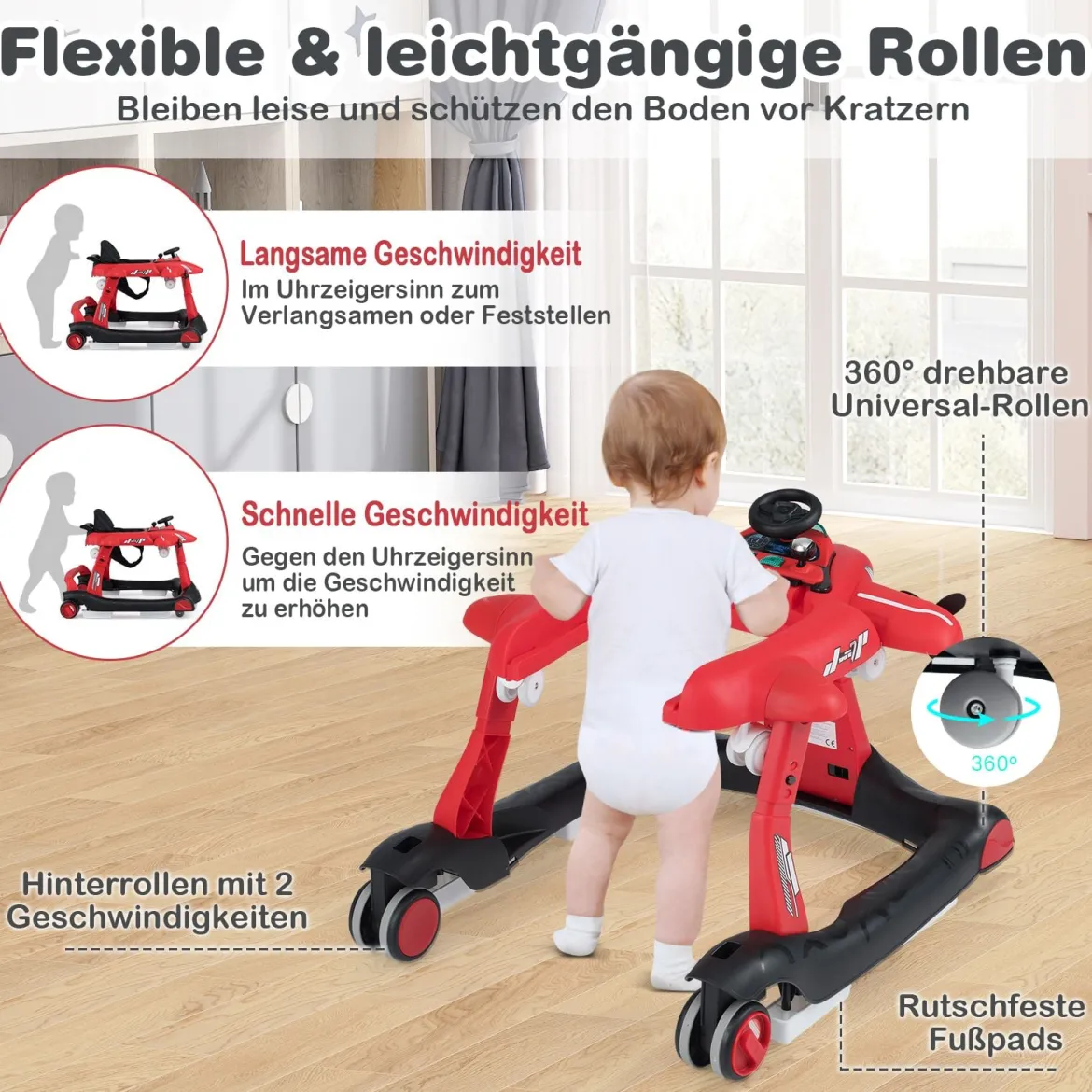 6 in 1 Lauflernhilfe mit Verstellbarer Höhe & Geschwindigkeit Klappbarer Lauflernwagen