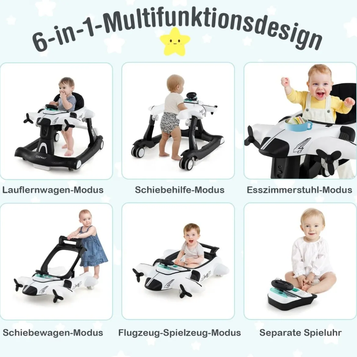 6 in 1 Lauflernhilfe mit Verstellbarer Höhe & Geschwindigkeit Klappbarer Lauflernwagen