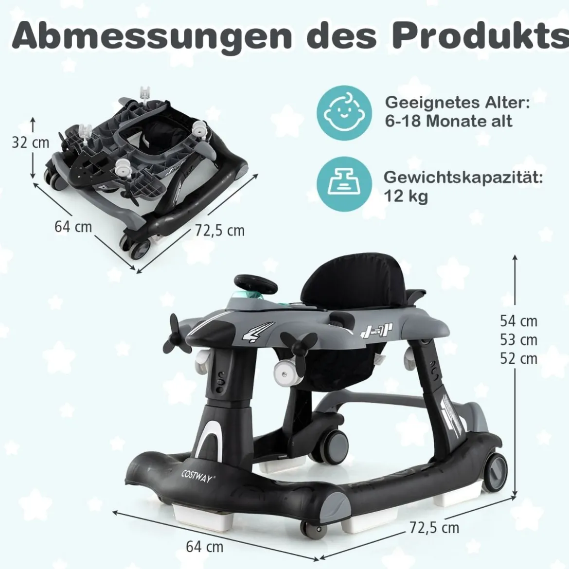 6 in 1 Lauflernhilfe mit Verstellbarer Höhe & Geschwindigkeit Klappbarer Lauflernwagen