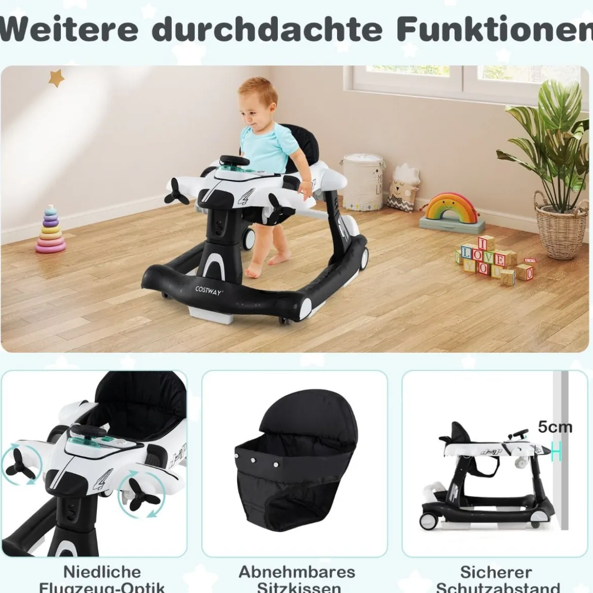 6 in 1 Lauflernhilfe mit Verstellbarer Höhe & Geschwindigkeit Klappbarer Lauflernwagen