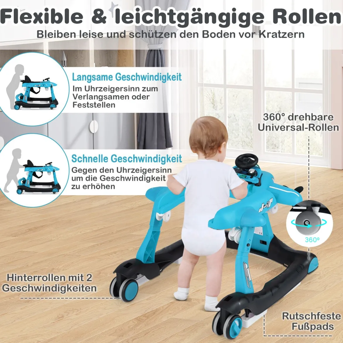6 in 1 Lauflernhilfe mit Verstellbarer Höhe & Geschwindigkeit Klappbarer Lauflernwagen