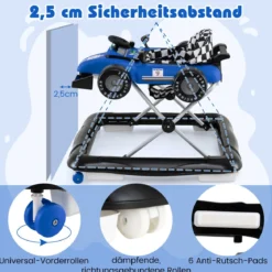 4-in-1-Lauflernwagen Gehassistent mit 3-stufig einstellbarer Höhe gepolstertem Sitz Lenkrad & Spieluhr Blau