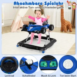 4-in-1-Lauflernwagen Gehassistent mit 3-stufig einstellbarer Höhe gepolstertem Sitz Lenkrad & Spieluhr Blau