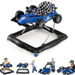 4-in-1-Lauflernwagen Gehassistent mit 3-stufig einstellbarer Höhe gepolstertem Sitz Lenkrad & Spieluhr Blau