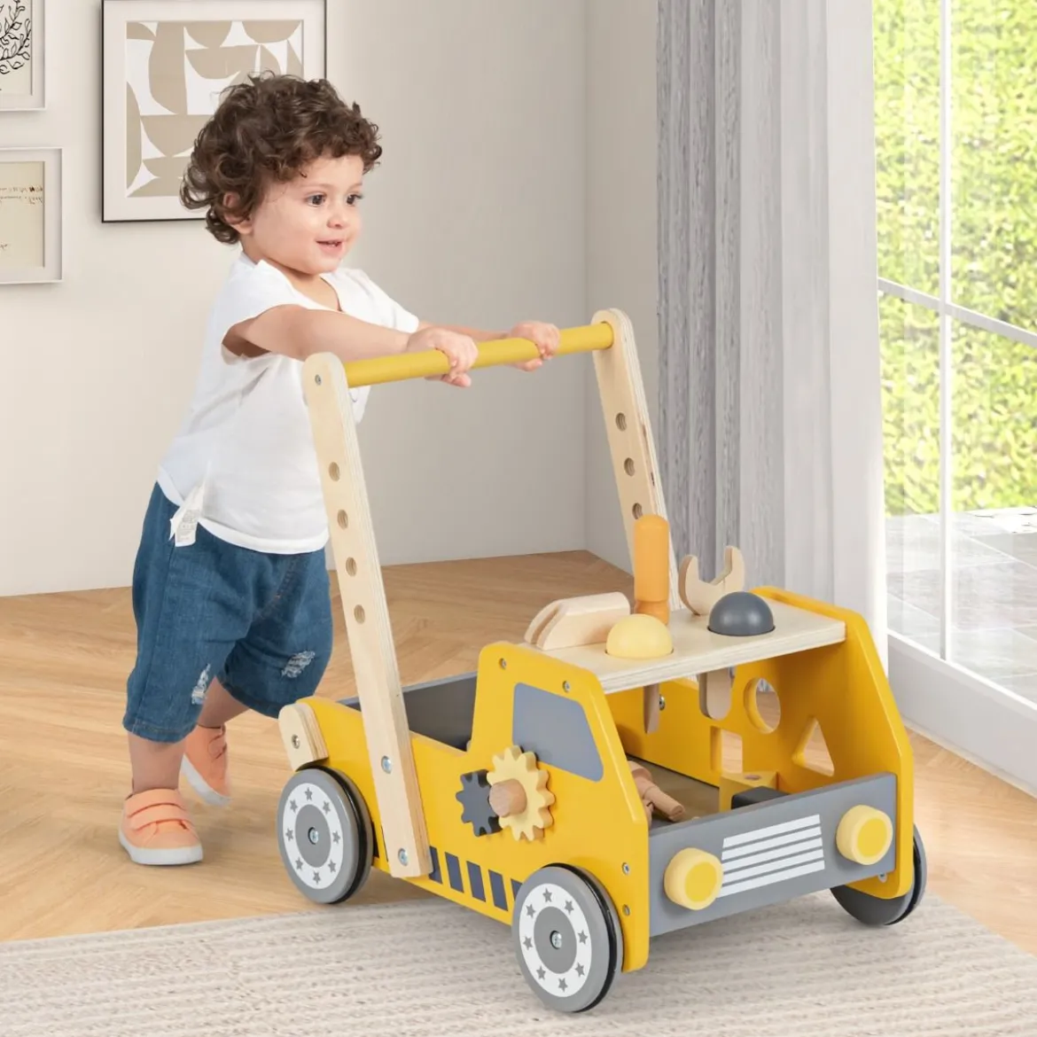 2-in-1 Lauflernwagen Holz Lauflernhilfe mit Multi-Aktivitätszentrum Baby Walker Laufwagen