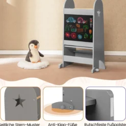 3 in 1 Lernturm Kinder Tritthocker mit 3 verstellbaren Höhen 90 kg Belastbar Grau