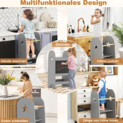 3 in 1 Lernturm Kinder Tritthocker mit 3 verstellbaren Höhen 90 kg Belastbar Grau