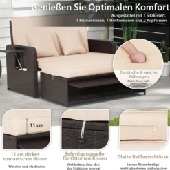 3 in 1 Lounge Möbel Rattan Gartenlounge Set mit Hocker Gartensofa mit Liegefunktion Weiß/Grau/Schwarz/Braun