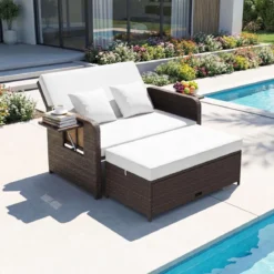 3 in 1 Lounge Möbel Rattan Gartenlounge Set mit Hocker Gartensofa mit Liegefunktion Weiß/Grau/Schwarz/Braun