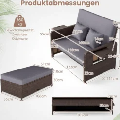 3 in 1 Lounge Möbel Rattan Gartenlounge Set mit Hocker Gartensofa mit Liegefunktion Weiß/Grau/Schwarz/Braun
