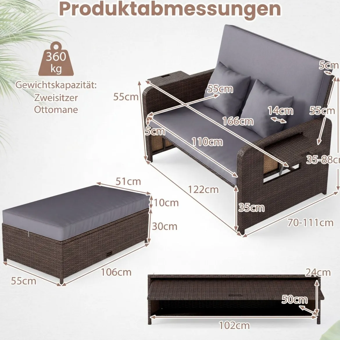 3 in 1 Lounge Möbel Rattan Gartenlounge Set mit Hocker Gartensofa mit Liegefunktion Weiß/Grau/Schwarz/Braun