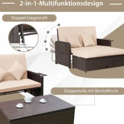 3 in 1 Lounge Möbel Rattan Gartenlounge Set mit Hocker Gartensofa mit Liegefunktion Weiß/Grau/Schwarz/Braun
