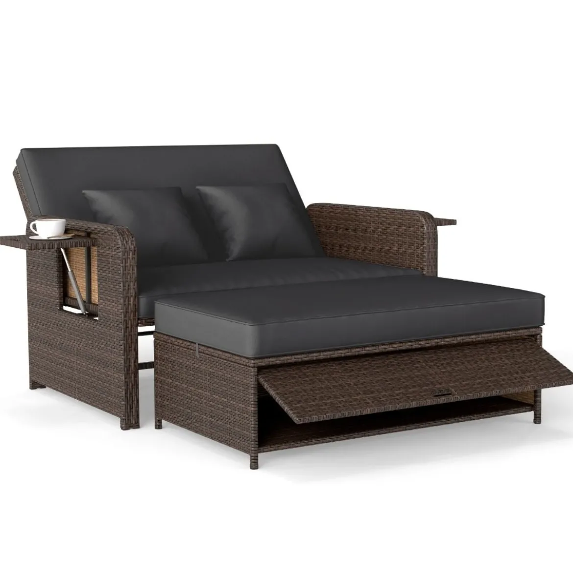 3 in 1 Lounge Möbel Rattan Gartenlounge Set mit Hocker Gartensofa mit Liegefunktion Weiß/Grau/Schwarz/Braun