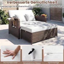 3 in 1 Lounge Möbel Rattan Gartenlounge Set mit Hocker Gartensofa mit Liegefunktion Weiß/Grau/Schwarz/Braun