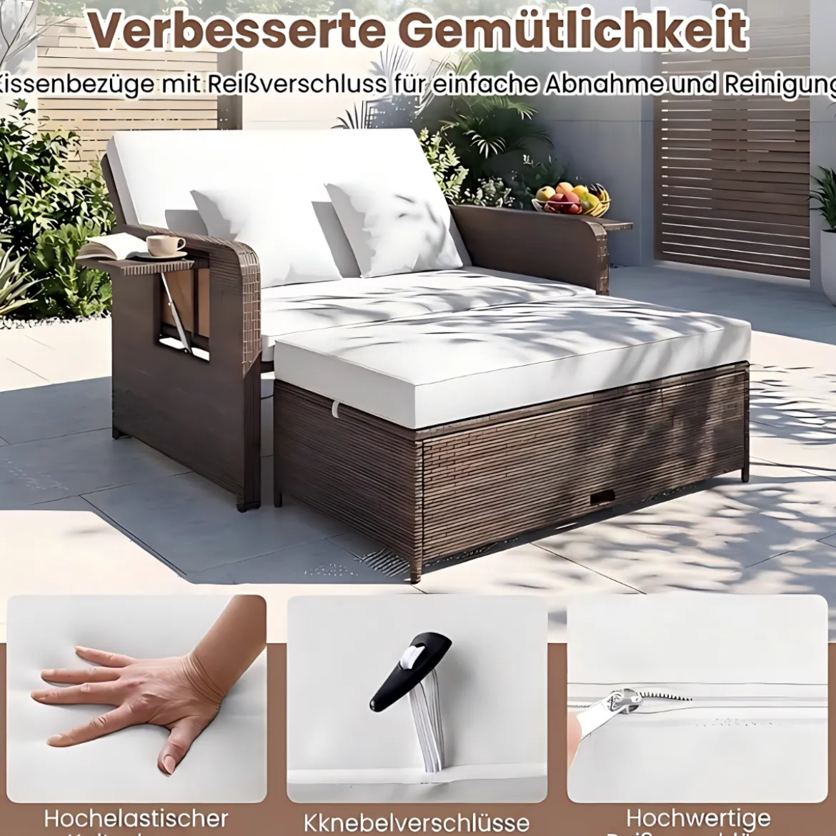 3 in 1 Lounge Möbel Rattan Gartenlounge Set mit Hocker Gartensofa mit Liegefunktion Weiß/Grau/Schwarz/Braun