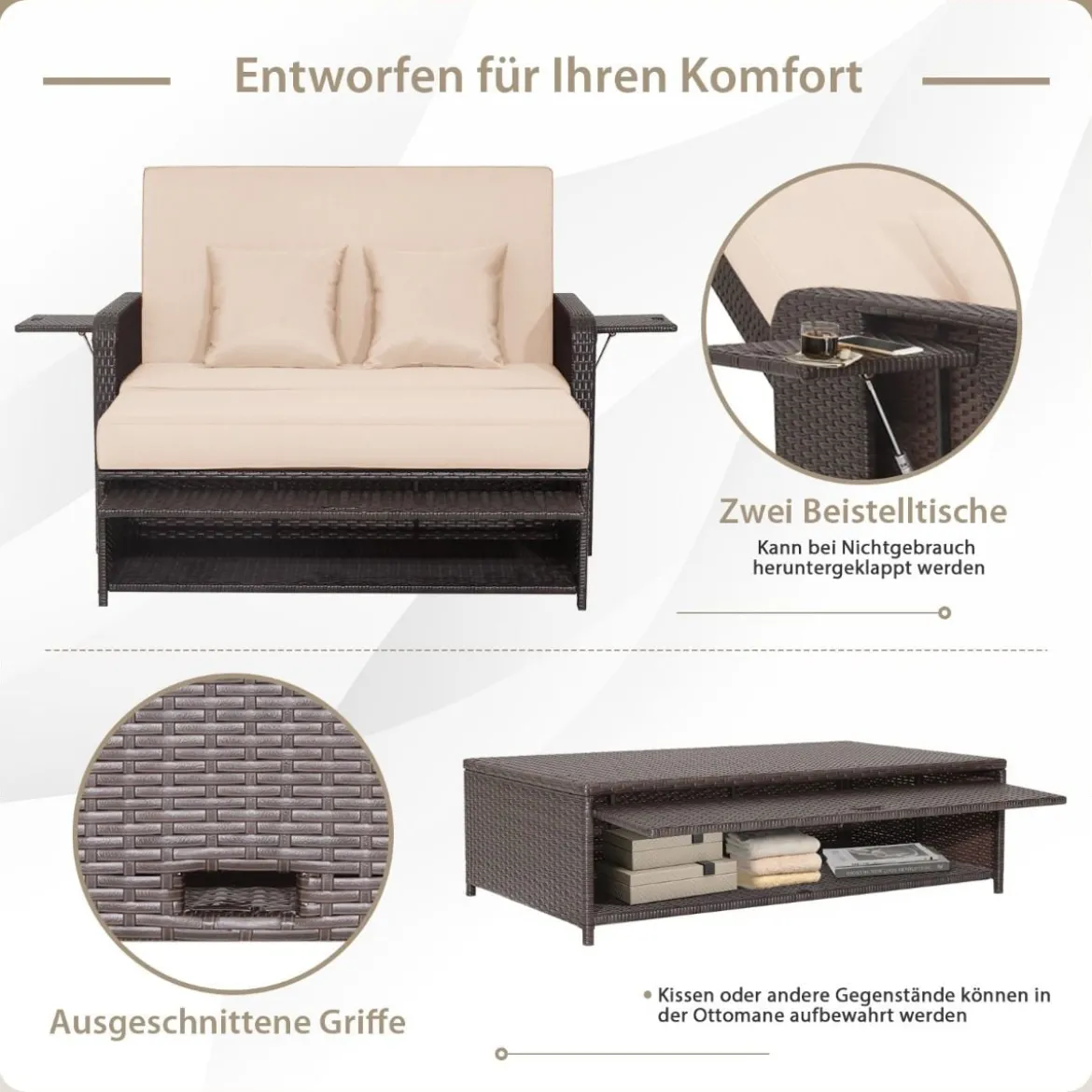 3 in 1 Lounge Möbel Rattan Gartenlounge Set mit Hocker Gartensofa mit Liegefunktion Weiß/Grau/Schwarz/Braun
