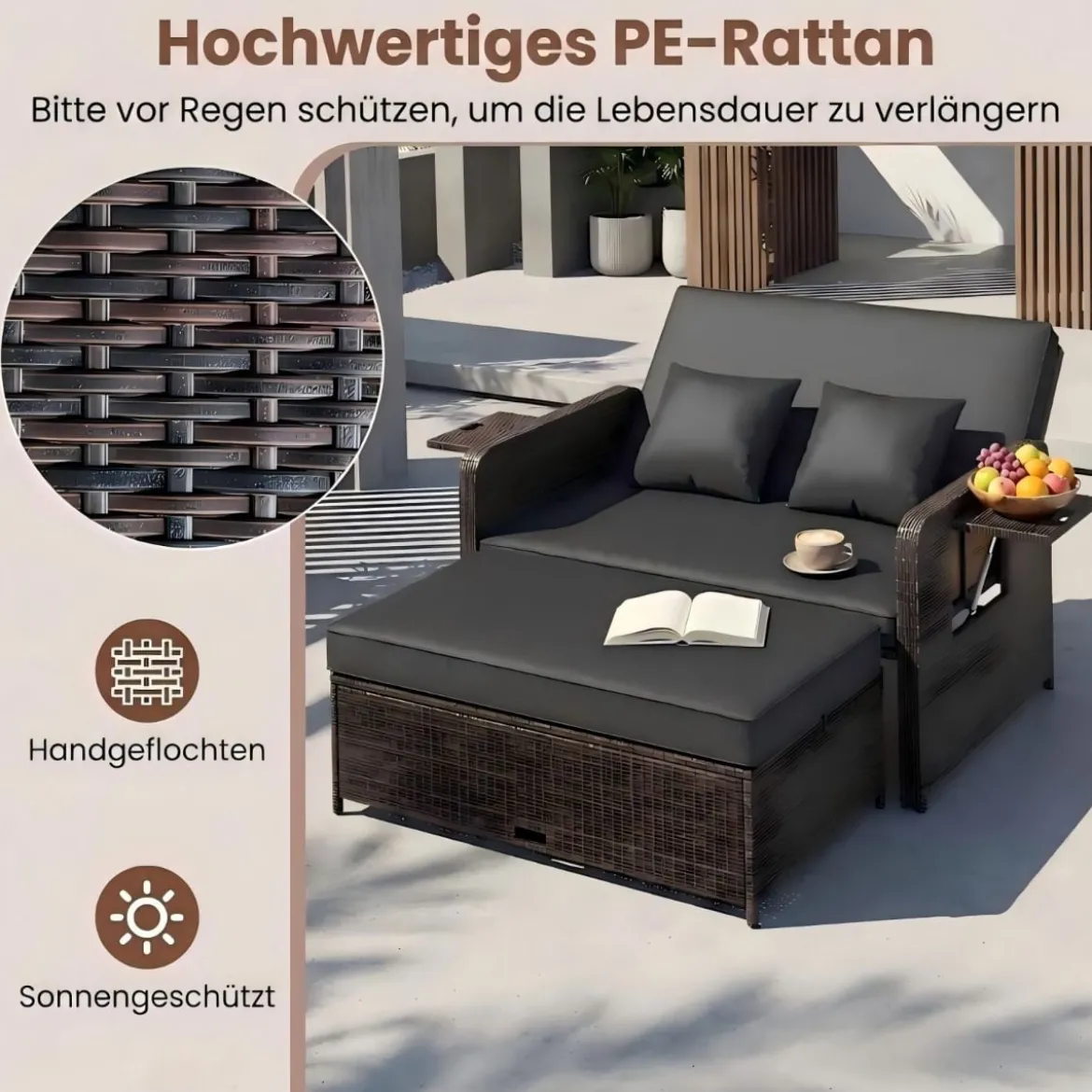 3 in 1 Lounge Möbel Rattan Gartenlounge Set mit Hocker Gartensofa mit Liegefunktion Weiß/Grau/Schwarz/Braun
