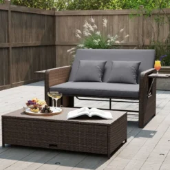 3 in 1 Lounge Möbel Rattan Gartenlounge Set mit Hocker Gartensofa mit Liegefunktion Weiß/Grau/Schwarz/Braun