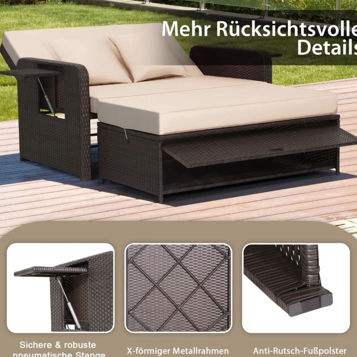 3 in 1 Lounge Möbel Rattan Gartenlounge Set mit Hocker Gartensofa mit Liegefunktion Weiß/Grau/Schwarz/Braun