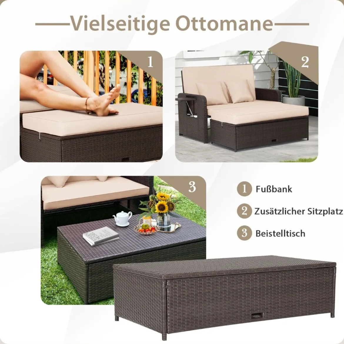 3 in 1 Lounge Möbel Rattan Gartenlounge Set mit Hocker Gartensofa mit Liegefunktion Weiß/Grau/Schwarz/Braun