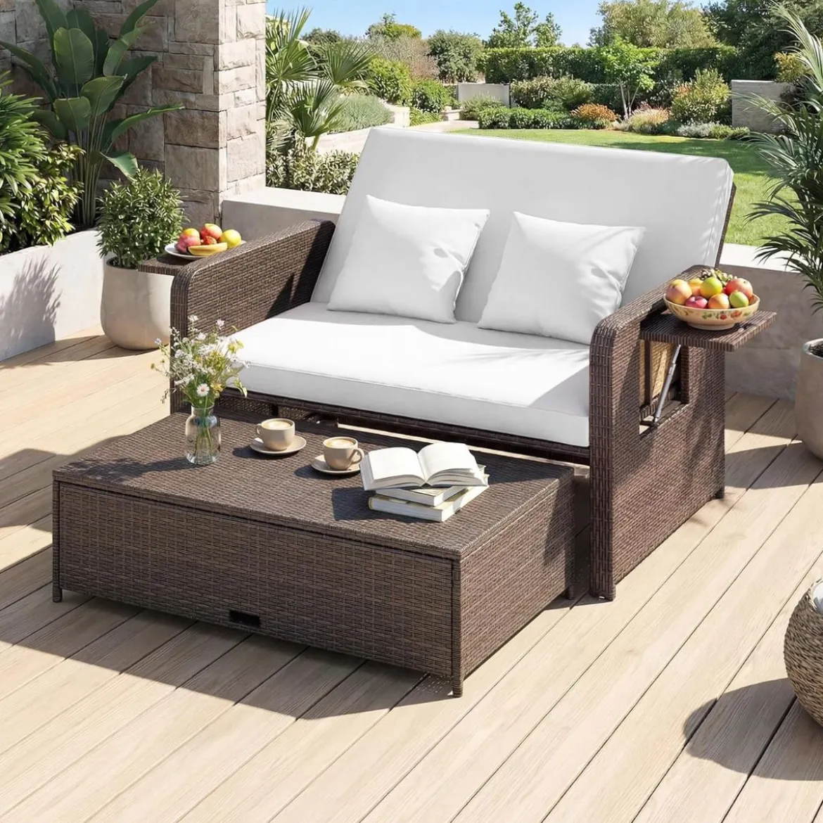 3 in 1 Lounge Möbel Rattan Gartenlounge Set mit Hocker Gartensofa mit Liegefunktion Weiß/Grau/Schwarz/Braun