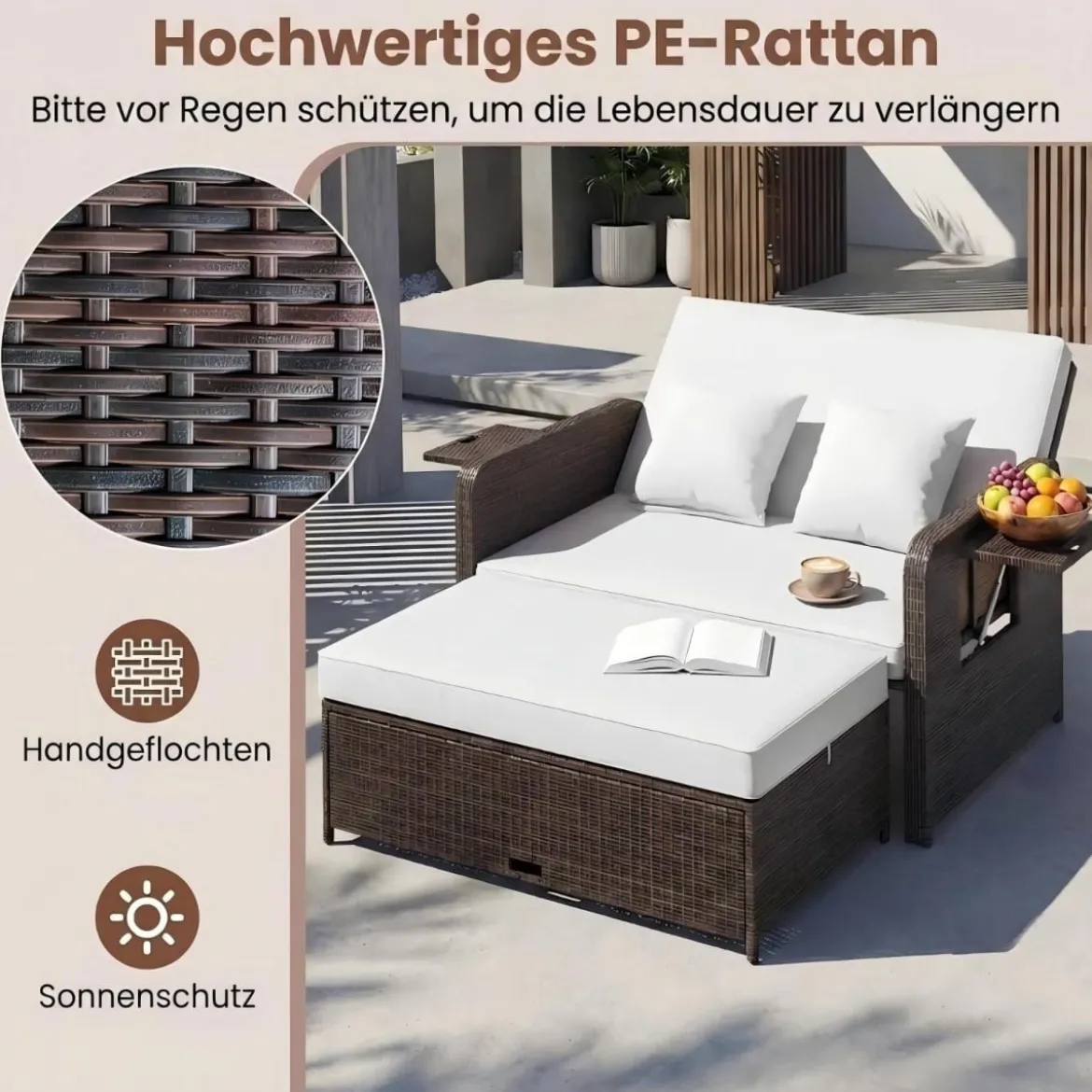 3 in 1 Lounge Möbel Rattan Gartenlounge Set mit Hocker Gartensofa mit Liegefunktion Weiß/Grau/Schwarz/Braun