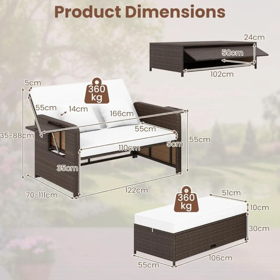 3 in 1 Lounge Möbel Rattan Gartenlounge Set mit Hocker Gartensofa mit Liegefunktion Weiß/Grau/Schwarz/Braun