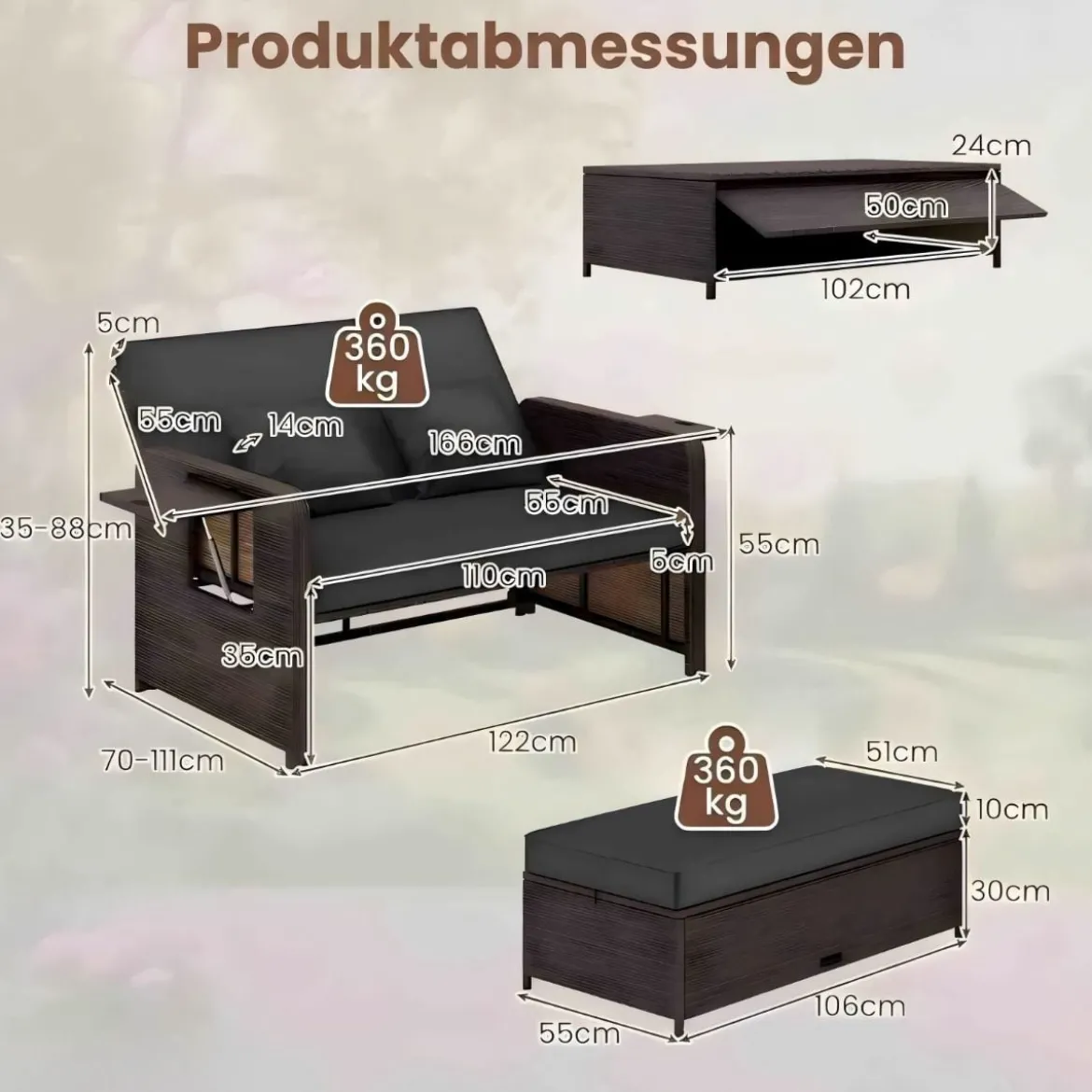 3 in 1 Lounge Möbel Rattan Gartenlounge Set mit Hocker Gartensofa mit Liegefunktion Weiß/Grau/Schwarz/Braun