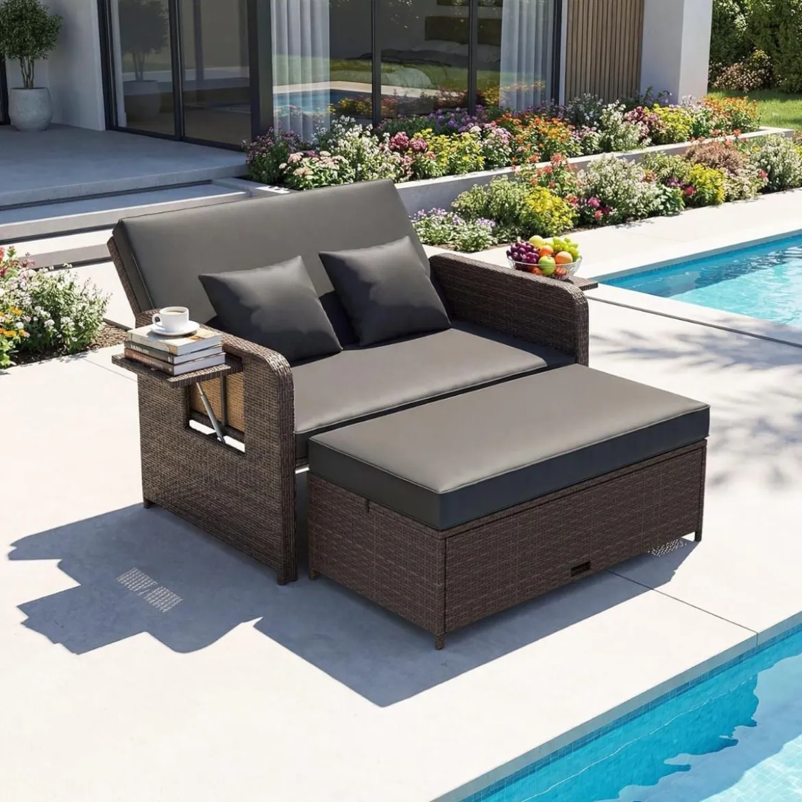 3 in 1 Lounge Möbel Rattan Gartenlounge Set mit Hocker Gartensofa mit Liegefunktion Weiß/Grau/Schwarz/Braun