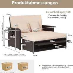 3 in 1 Lounge Möbel Rattan Gartenlounge Set mit Hocker Gartensofa mit Liegefunktion Weiß/Grau/Schwarz/Braun