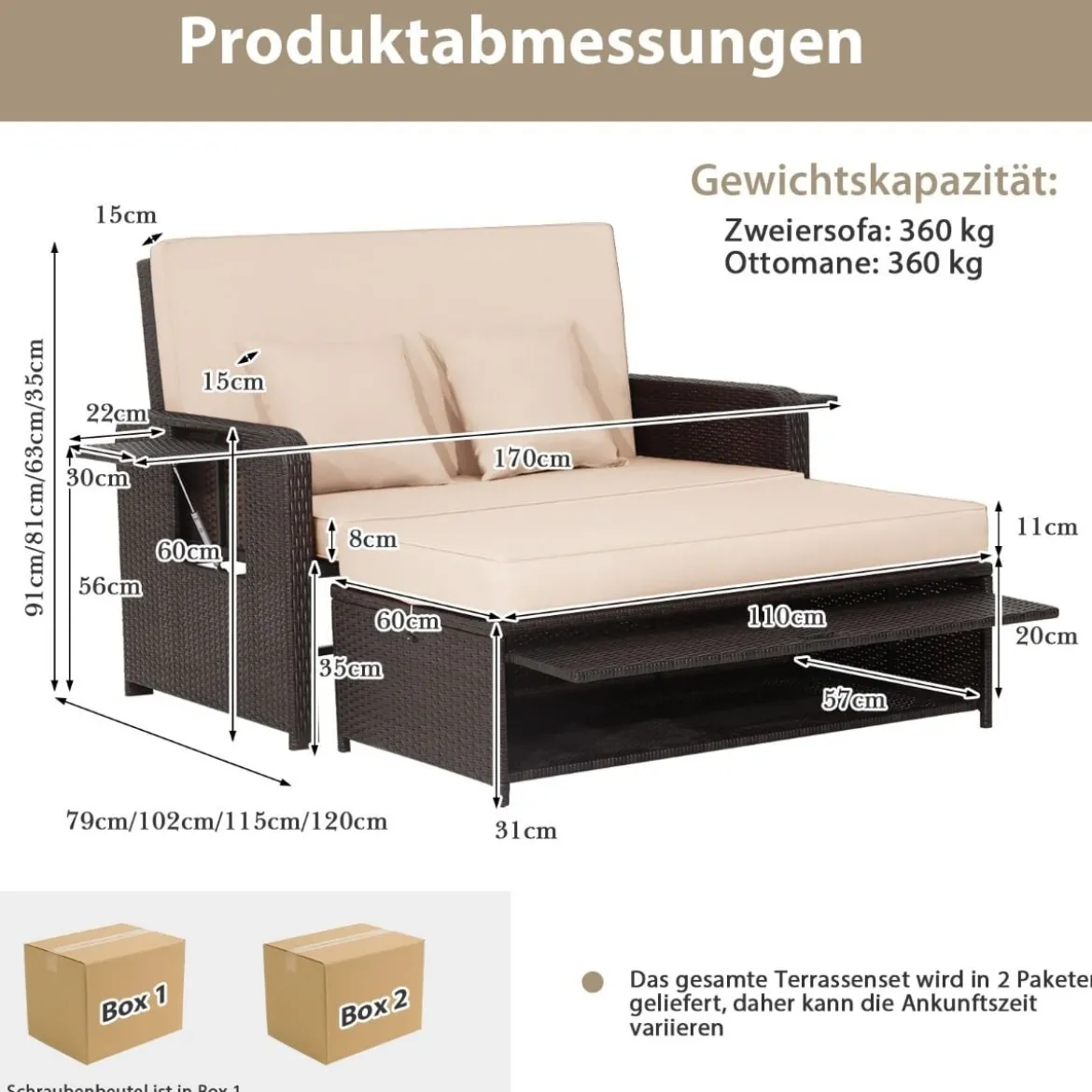 3 in 1 Lounge Möbel Rattan Gartenlounge Set mit Hocker Gartensofa mit Liegefunktion Weiß/Grau/Schwarz/Braun