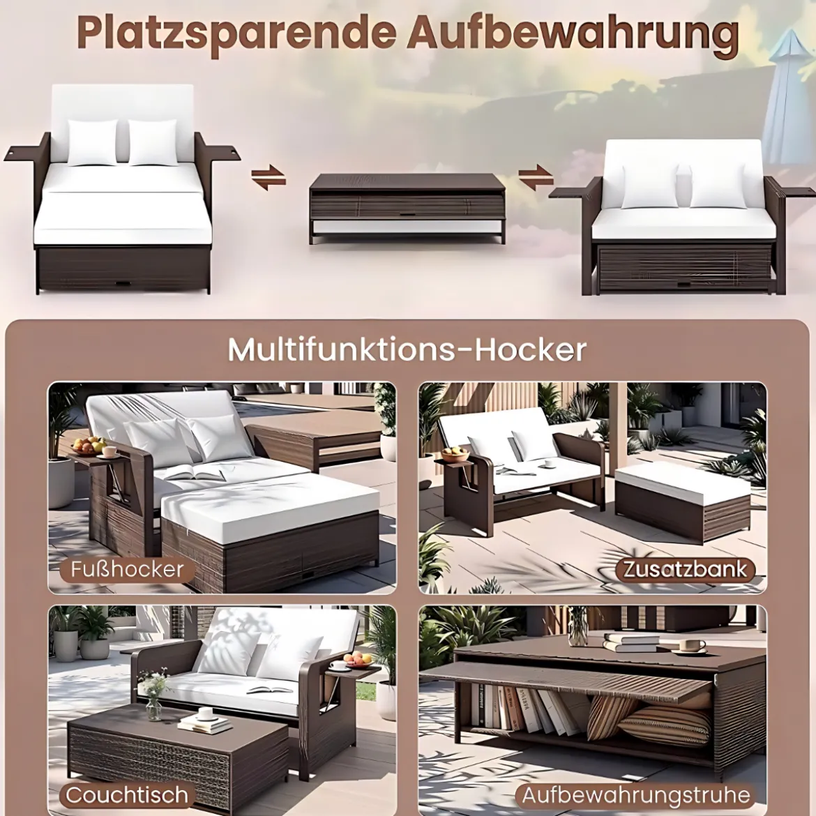 3 in 1 Lounge Möbel Rattan Gartenlounge Set mit Hocker Gartensofa mit Liegefunktion Weiß/Grau/Schwarz/Braun