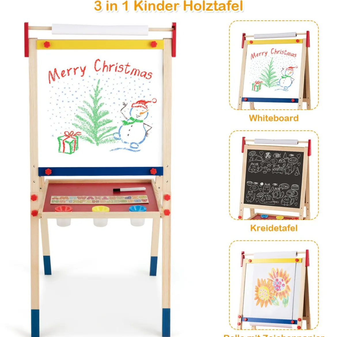 3-in-1 Maltafel für Kinder Doppelseitige Standtafel mit Whiteboard Natur