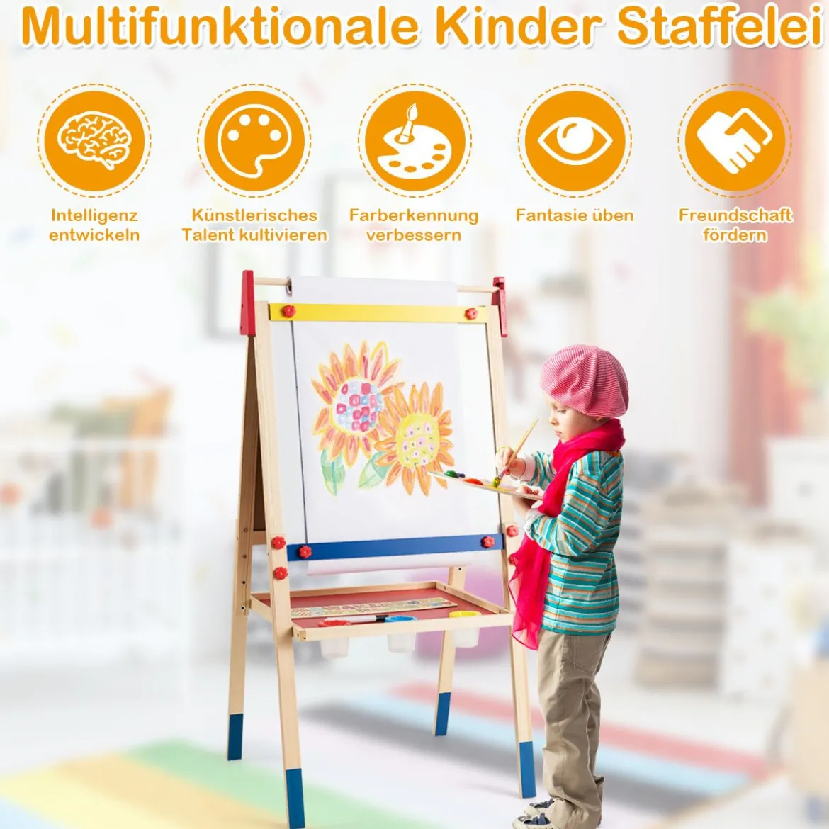 3-in-1 Maltafel für Kinder Doppelseitige Standtafel mit Whiteboard Natur