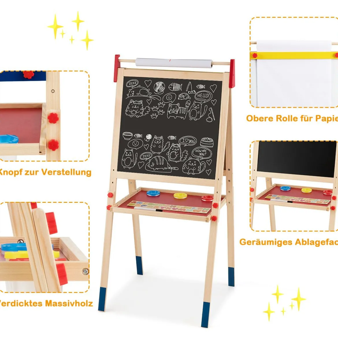 3-in-1 Maltafel für Kinder Doppelseitige Standtafel mit Whiteboard Natur