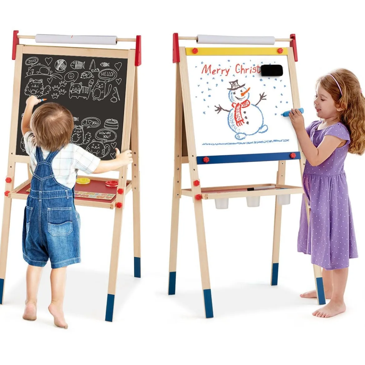 3-in-1 Maltafel für Kinder Doppelseitige Standtafel mit Whiteboard Natur