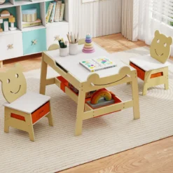 5 in 1 Maltisch mit Wendbarer Tafel & Whiteboard Kindersitzgruppe in Bärenform mit Stauraum Natur