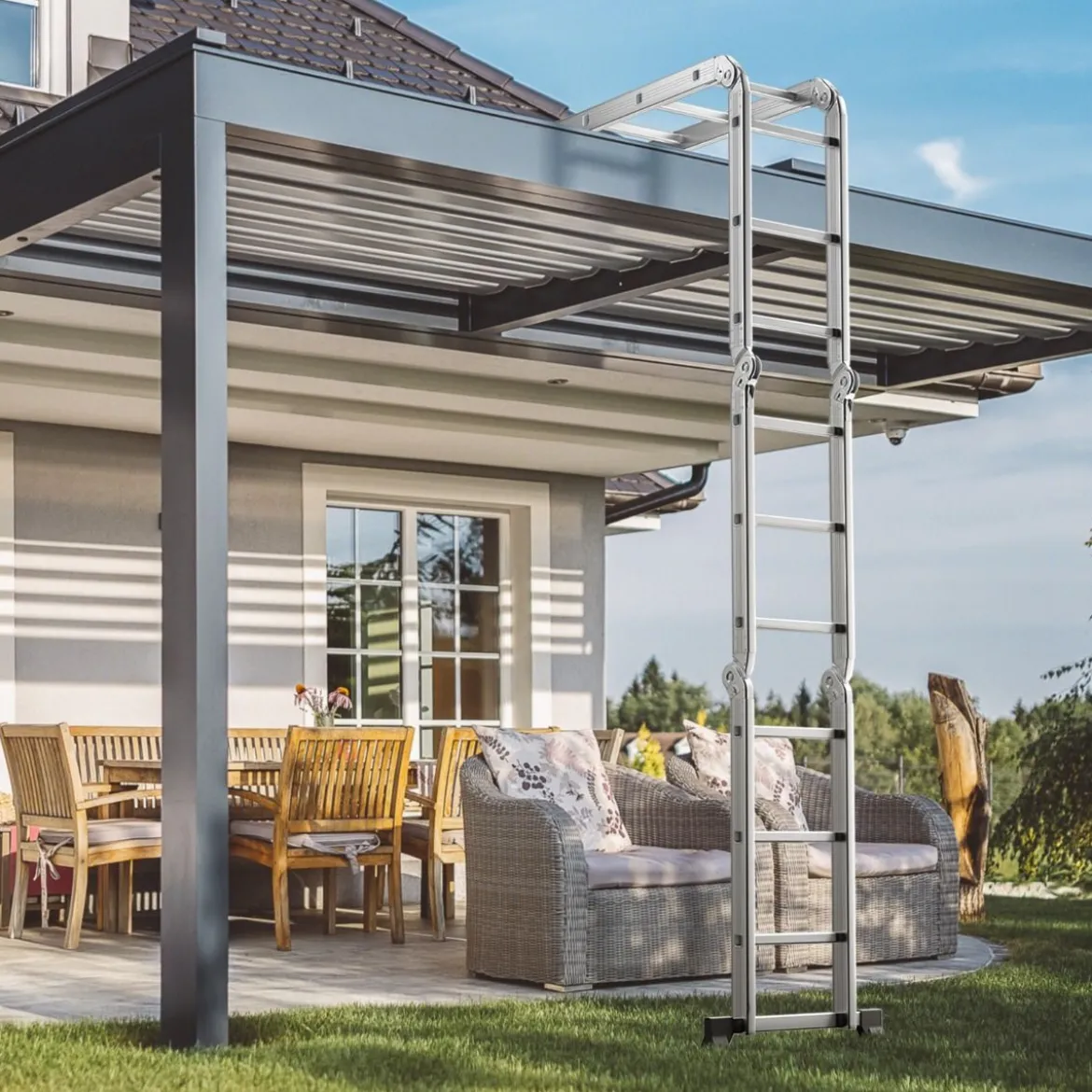 7-in-1 Mehrzweckleiter aus Aluminium Gerüstleiter bis 150 kg belastbar 370,5 cm Silber